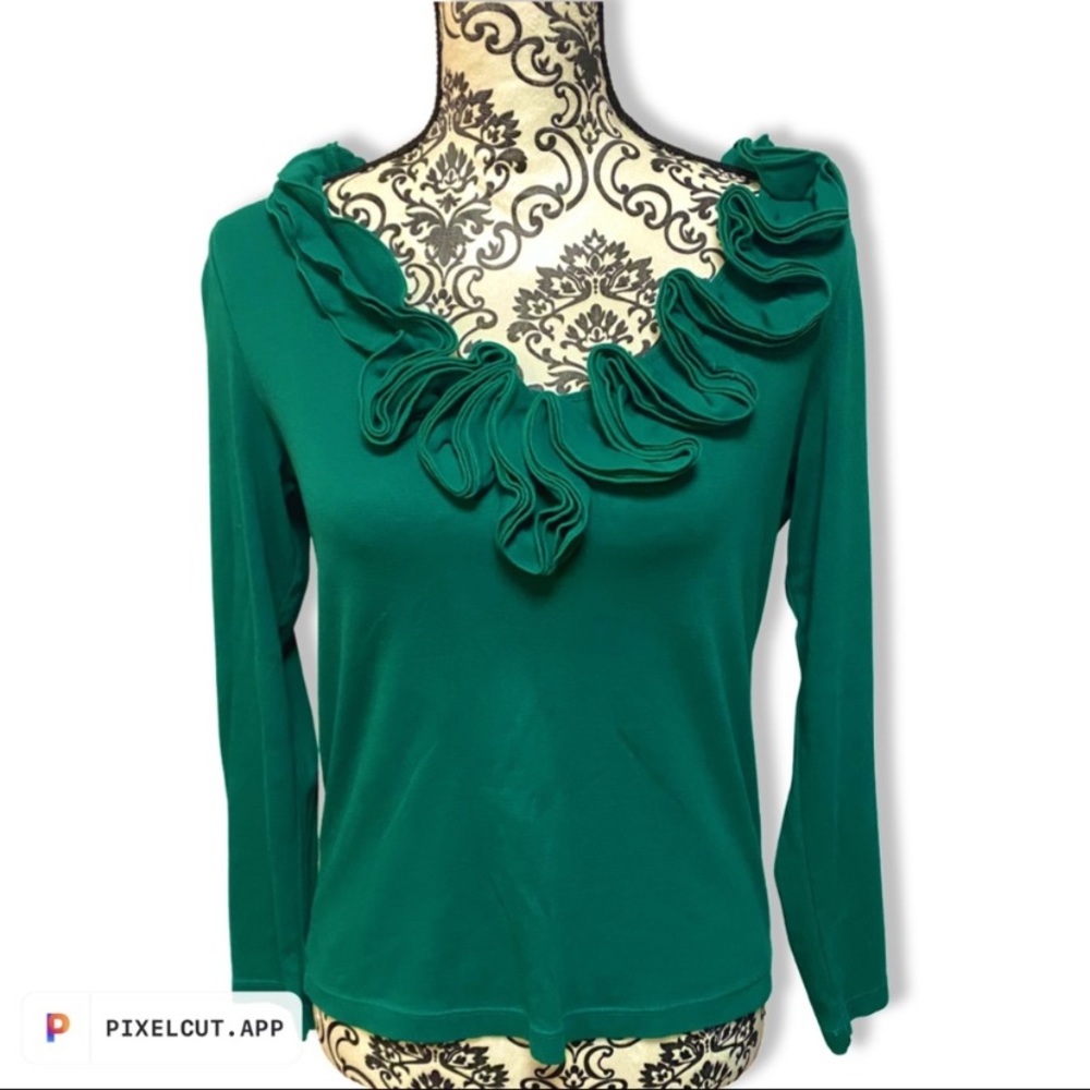Talbots Ruffled Rosette Neckline Women’s Top Medium Petite Kelly Green Blouse